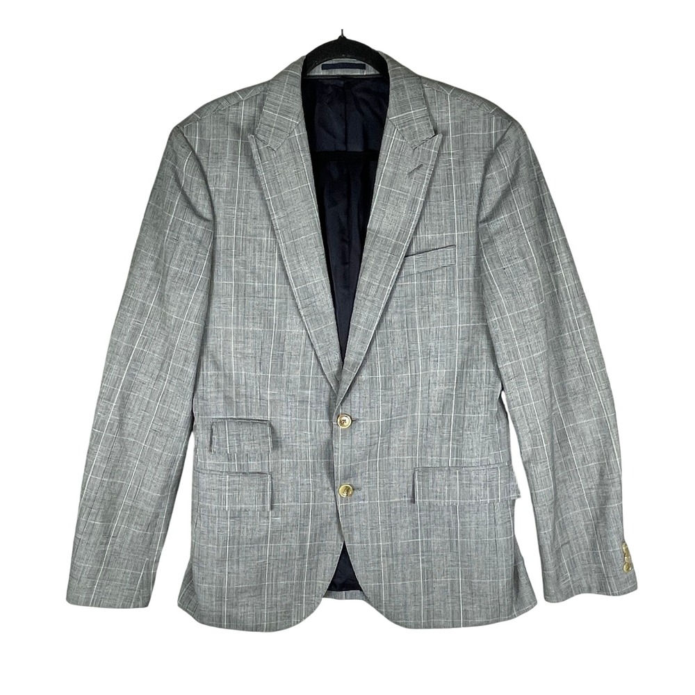 J.Crew Ludlow Blazer Men 40R Grey Excellent Wool Linen Plaid Ticket Pocket A0487